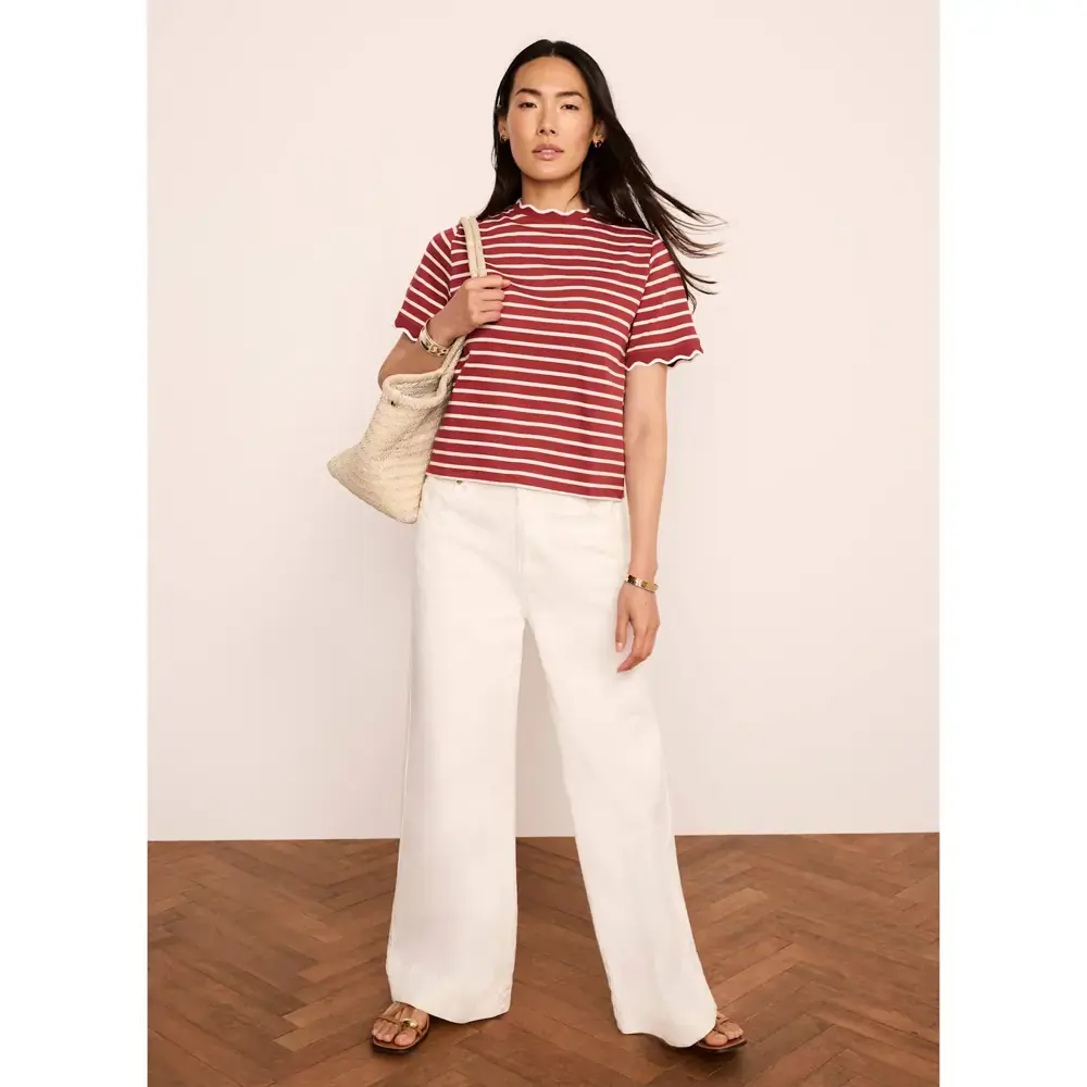 Mint Velvet Brown Cotton Striped Scallop Trim T